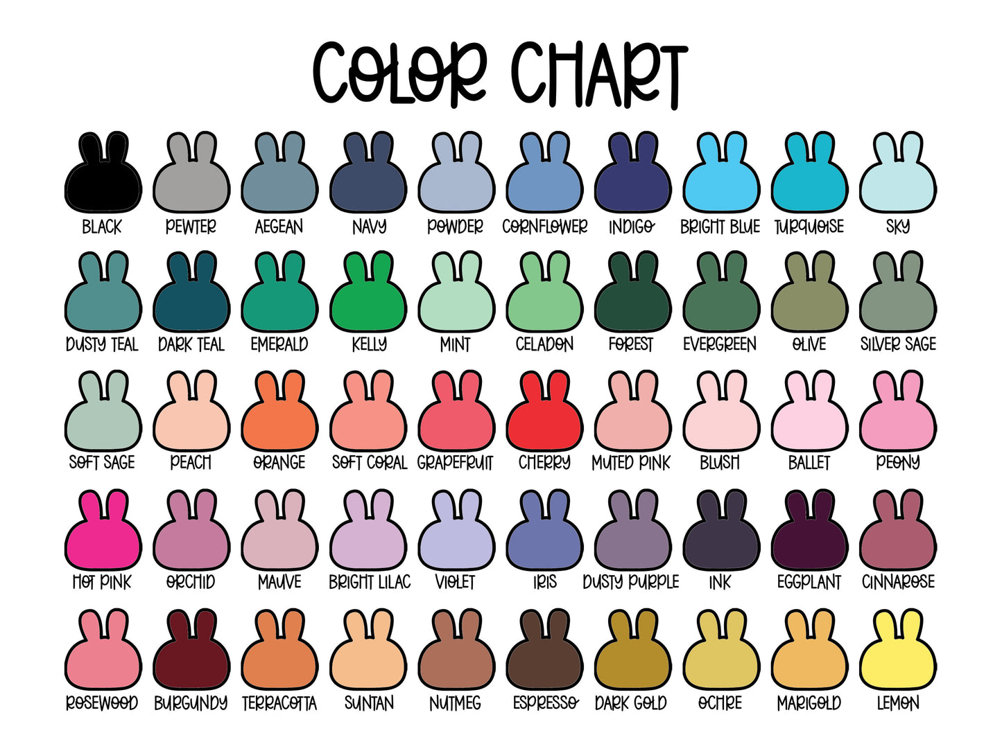 The image is a color chart that displays a variety of different colored bunny shapes, each representing a different color.