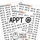Black handwritten script planner sticker reading "APPT @" with bold, rounded lettering for marking appointments in planners, calendars, and journals.