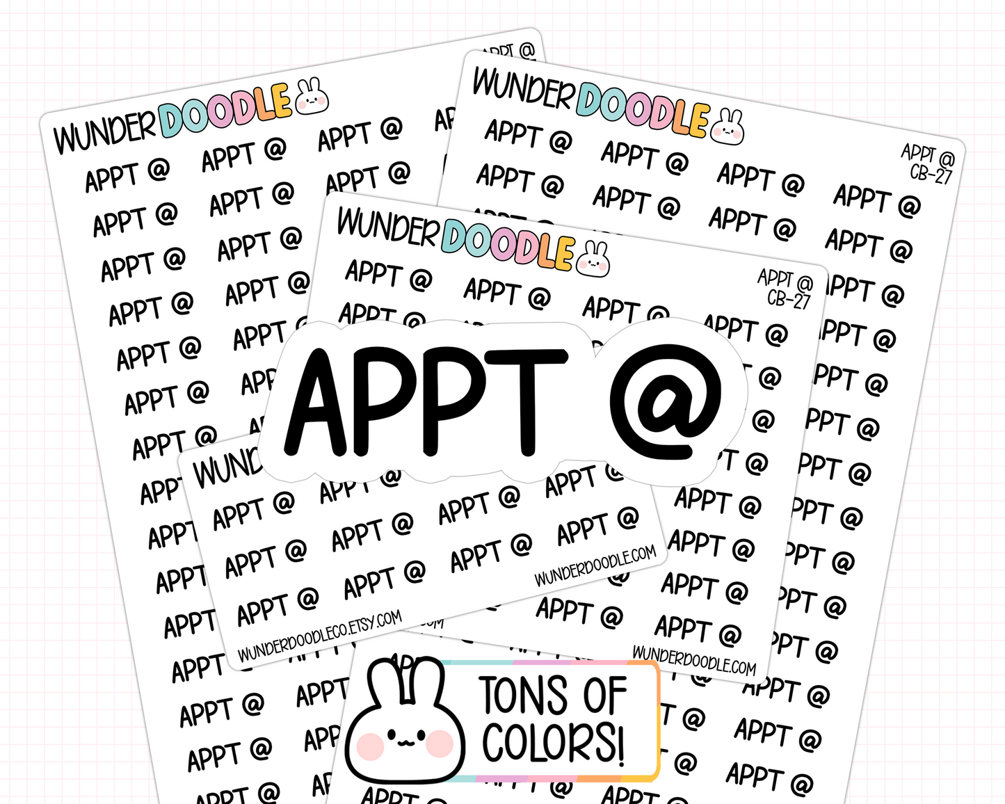 Black handwritten script planner sticker reading "APPT @" with bold, rounded lettering for marking appointments in planners, calendars, and journals.