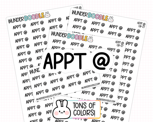 Black handwritten script planner sticker reading "APPT @" with bold, rounded lettering for marking appointments in planners, calendars, and journals.