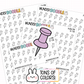 Three sticker sheets from Wunder Doodle featuring hand-drawn push pins in black outlines with pastel color variations, arranged in a fan layout on a white background with a bunny logo and 'TONS OF COLORS!' text.