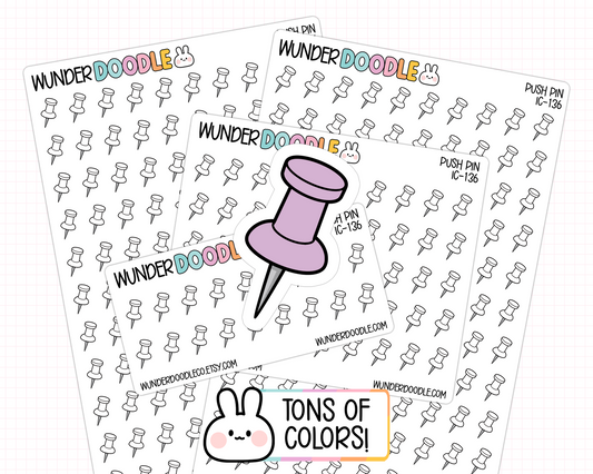 Three sticker sheets from Wunder Doodle featuring hand-drawn push pins in black outlines with pastel color variations, arranged in a fan layout on a white background with a bunny logo and 'TONS OF COLORS!' text.