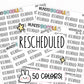rescheduled stickers, rescheduled planner stickers, sticker sheet, event stickers, cancelled stickers, functional stickers