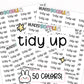 tidy up stickers, tidy up planner stickers, planner stickers, sticker sheet, cleaning stickers, cleaning planner stickers